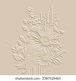 Emperamiento texturado 3d flores estriado ilustración de patrón. Fondo de color beige estampado floral. Fondo vectorial moderno. Flores de arte en línea, hojas, rayas. Resumen de ornamentos de plantas superficiales dibujadas a mano.