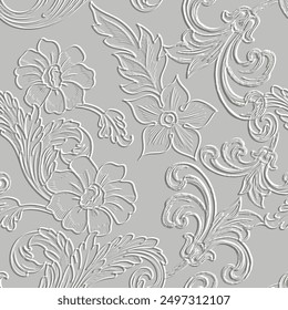 Textured emboss 3d line art hand drawn floral Baroque seamless pattern. Embossed ornamental white vector background. Relief vintage ornaments with surface flowers, leaves, lines. Grunge 3d texture.