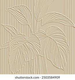 Textured emboss 3d line art tropical leaves striped pattern. Floral embossed background. Modern vector backdrop. Lines flowers, leaves, stripes. Abstract hand drawn surface tropic plants ornaments.