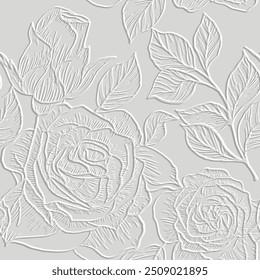 Textured emboss 3d lines blossom roses flowers seamless pattern. Floral embossed beautiful white background. Modern vector backdrop. Line art rose flowers, leaves. Abstract hand drawn surface plants