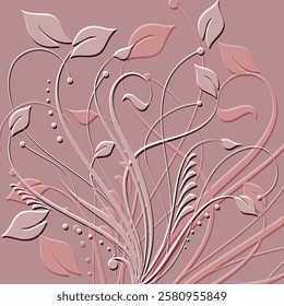 Textured emboss 3d lines bouquet of flowers artistic relief pattern. Floral embossed pink color background. Vector backdrop. Line art flowers, leaves, swirls. Hand drawn surface plants ornaments.