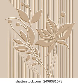 Textured emboss 3d lines flowers leaves striped minimalist beige pattern. Floral embossed background. Modern vector backdrop. Relief leaves, stripes. Artistic hand drawn surface plants ornaments.