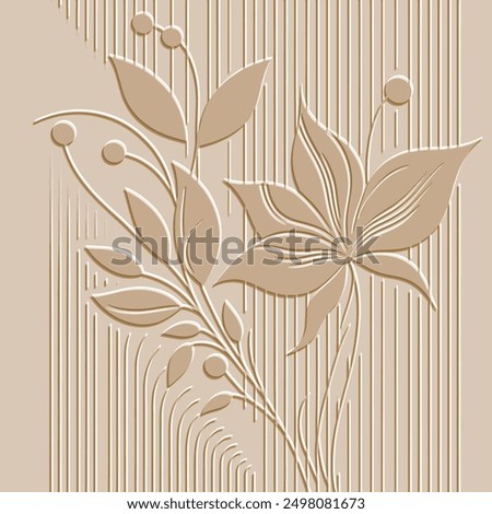 Textured emboss 3d lines flowers leaves striped minimalist beige pattern. Floral embossed background. Modern vector backdrop. Relief leaves, stripes. Artistic hand drawn surface plants ornaments.