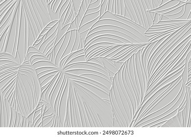 Textured emboss 3d lines leaves tropical hand drawn pattern. Embossed ornamental floral background. White vector backdrop. Relief ornaments with surface branches, leaves, lines.  Grunge texture.