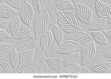 Textured emboss 3d lines leaves tropical hand drawn pattern. Embossed ornamental leafy background. White vector backdrop. Relief ornaments with surface branches, leaves, lines.  Grunge 3d texture.