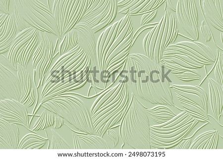 Textured emboss 3d lines leaves tropical hand drawn pattern. Embossed ornamental floral background. Green vector backdrop. Relief ornaments with surface branches, leaves, lines.  Grunge 3d texture.