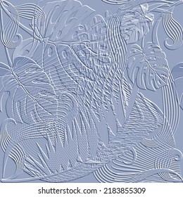Textured emboss 3d palm leaves seamless pattern. Ornamental tropical embossed relief background. Repeat leafy grunge vector backdrop. Floral surface exotic fantasy ornament. Endless grungy texture.
