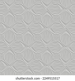 Textured emboss 3d white seamless pattern. Greek style floral embossed background. Repeat tribal ethnic abstract backdrop. Relief surface 3d ornaments. Grunge endless texture with embossing effect.