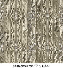 Bordes de entrelazado texturados. El patrón de la frontera tribal geométrica de la etnia 3d no tiene fisuras. Repetir el fondo de la superficie griega. Llave griega, con ornamentos coloridos abstractos. La textura sin fin de grunge de alivio. 