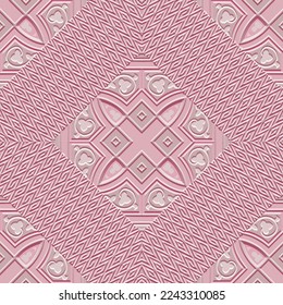 Textured emboss floral 3d seamless pattern. Pink arabesque embossed vector background. Repeat backdrop. Floral ornament. Rhombus frames, zigzag lines, borders, flowers. Endless surface relief texture.