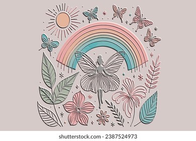 Textured emboss line art 3d Lovely little fairy girl pattern illustration. Fairytale Magic embossed vector background with sun, rainbow, flowers, butterflies. Doodle lines little beautiful girl. 