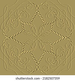 Textured emboss ropes 3d seamless pattern. Floral embossed golden 3d background. Repeat decorative grunge backdrop. Surface relief intricate orrnament with ropes, frames, flowers. Calligraphic design.