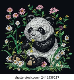 Textured embroidery 3d little panda pattern with flowers, leaves. Embroidered cute panda tropical background illustration. Surface tapestry smiling panda. Sitting on the grass, flowers. 