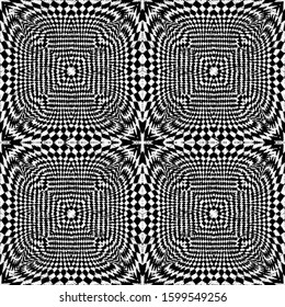 Textured embroidery 3d vector seamless pattern. Tapestry black and white geometric surface background. Embroidered ornament with grunge radial shapes, squares. Optical illusion style modern design.