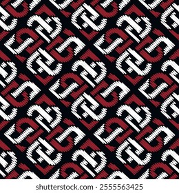 Textured embroidery celtic chinese style knotted black white red vector seamless fabric pattern. Ethnic tapestry background. Grunge endless texture. Elegant ornaments with embroidered effect.