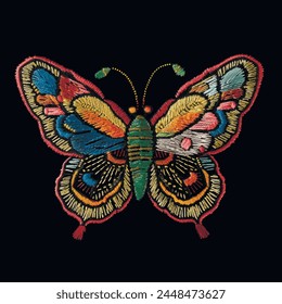 Textured embroidery colorful beautiful butterfly pattern. Decorative embroidered bright insect background. Vector ornamental butterfly. Stitching lines tapestry grunge surface texture. Illustration.