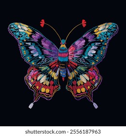 Textured embroidery colorful beautiful butterfly pattern. Decorative embroidered bright insect background. Vector ornamental butterfly. Stitching lines tapestry grunge surface texture. Illustration.