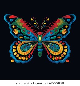 Textured embroidery colorful beautiful butterfly pattern. Decorative embroidered bright insect background. Vector ornamental butterfly. Stitching lines tapestry grunge surface texture. Illustration.