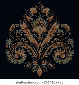 Textured embroidery floral turkish Paisley pixel pattern. Tapestry ethnic style background illustration. Cross stitch chart. Vintage embroidery Paisley flowers ornament. Ornate embroidered texture.