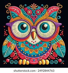 Textured embroidery isolated vector 3d colorful ethnic style ornamental owl on black background.  Beautiful embroidered smart cartoon owl bird with glasses, big eyes, patterns flowers. Surface texture