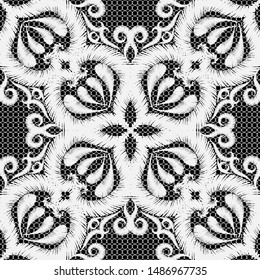 Textured Embroidery white vector seamless pattern. Ornamental ethnic lace background. Grunge Paisley flowers. Tapestry surface floral intricate ornament. Hatched lines, swirls. Embroidered flowers