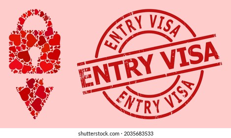Sello de visa de entrada texturizada, y patrón de corazón de amor rojo para cerrar. El sello rojo redondo contiene la etiqueta Entry Visa dentro del círculo. El collage de bloqueo se hace a partir de símbolos de color rojo.
