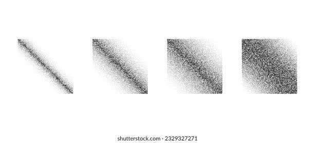 Textured fading diagonal gradients set. Black dotted square element collection. Stippled shades object pack. Noise grain dotwork shapes. Halftone effect bundle. Vector illustration