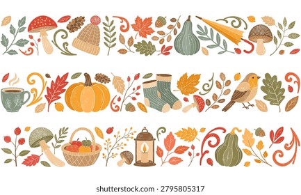 Textured fall dividers. Autumnal borders with leaves, mushrooms, pumpkins, berries. Cozy seasonal frames