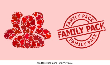 Textured Family Pack badge, and red love heart collage for people. Red round badge has Family Pack tag inside circle. People collage is composed from red romance icons.