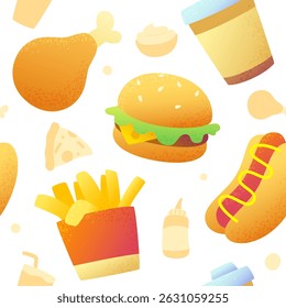 Textured fast food pattern. Seamless vector print with cartoon street food.