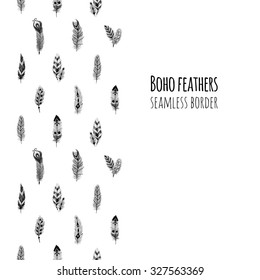 Textured feathers in aztec (boho) style. Seamless border.
