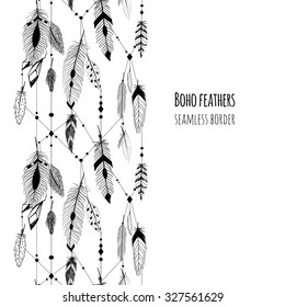 Textured feathers and crystals in aztec (boho) style. Seamless border.
