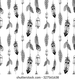 Textured feathers and crystals in aztec (boho) style. Seamless pattern.