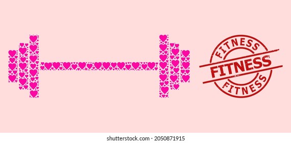 Textured Fitness badge, and pink love heart mosaic for barbell. Red round badge includes Fitness caption inside circle. Barbell mosaic is done of pink romance icons.