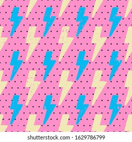 Textured flash lightning seamless pattern on pink background with polka dot. Retro cartoon style. Blue and yellow thunderbolts. Flat comics style vector illustration.