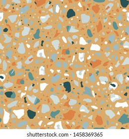 Textured floors decor. Terrazzo made by combining chips of marble chips, natural  stone, quartz, glass and broken tiles. Kithen and bathtubs surfaces print. Seamless pattern in brown color.