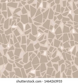 Textured floors decor. Terrazzo made by combining chips of marble chips, natural  stone, quartz, glass and broken tiles. Kithen and bathtubs surfaces print. Seamless pattern in beige color.