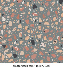 Textured floors decor. Terrazzo made by combining chips of marble chips, natural  stone, quartz, glass and broken tiles. Kithen and bathtubs surfaces print. Seamless pattern in gray colour.