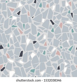 Textured floors decor. Terrazzo made by combining chips of marble chips, natural  stone, quartz, glass and broken tiles. Kithen and bathtubs surfaces print. Seamless pattern in blue colour.