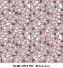Textured floors decor. Terrazzo made by combining chips of marble chips, natural  stone, quartz, glass and broken tiles. Kithen and bathtubs surfaces print. Seamless pattern in grey colour.