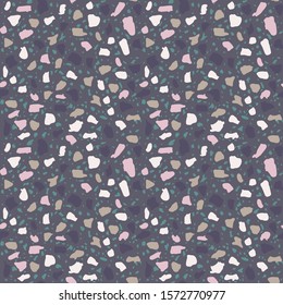 Textured floors decor. Terrazzo made by combining chips of marble chips, natural  stone, quartz, glass and broken tiles. Kithen and bathtubs surfaces print. Seamless pattern in dark colour.