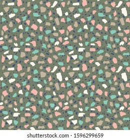 Textured floors decor. Terrazzo made by combining chips of marble chips, natural  stone, quartz, glass and broken tiles. Kithen and bathtubs surfaces print. Seamless pattern in dark colour.
