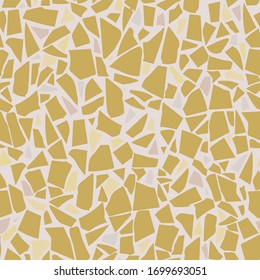 Textured floors decor. Terrazzo made by combining chips of marble chips, natural  stone, quartz, glass and broken tiles. Kithen and bathtubs surfaces print. Seamless pattern in gold colour.