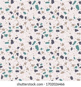 Textured floors decor. Terrazzo made by combining chips of marble chips, natural  stone, quartz, glass and broken tiles. Kithen and bathtubs surfaces print. Seamless pattern in pastel color.