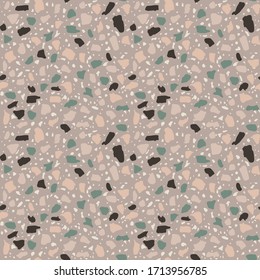 Textured floors decor. Terrazzo made by combining chips of marble chips, natural  stone, quartz, glass and broken tiles. Kithen and bathtubs surfaces print. Seamless pattern in gray colour.