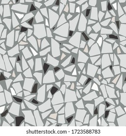 Textured floors decor. Terrazzo made by combining chips of marble chips, natural  stone, quartz, glass and broken tiles. Kithen and bathtubs surfaces print. Seamless pattern in gray colour.