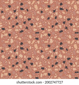 Textured floors decor. Terrazzo made by combining chips of marble chips, natural  stone, quartz, glass and broken tiles. Kithen and bathtubs surfaces print. Seamless pattern in coral colour.