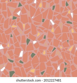 Decoración en el suelo de textura. Terrazzo hecho combinando chips de mármol, piedra natural, cuarzo, vidrio y baldosas rotas. Se imprimen superficies de Kithen y bañeras. Patrón sin brillo en color rosa.