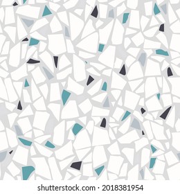 Textured floors decor. Terrazzo made by combining chips of marble chips, natural  stone, quartz, glass and broken tiles. Kithen and bathtubs surfaces print. Seamless pattern in white colour.