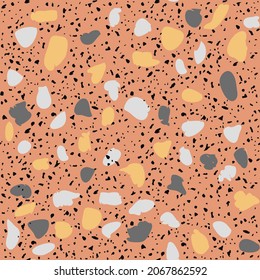 Textured floors decor. Terrazzo made by combining chips of marble chips, natural  stone, quartz, glass and broken tiles. Kithen and bathtubs surfaces print. Seamless pattern in orange color.